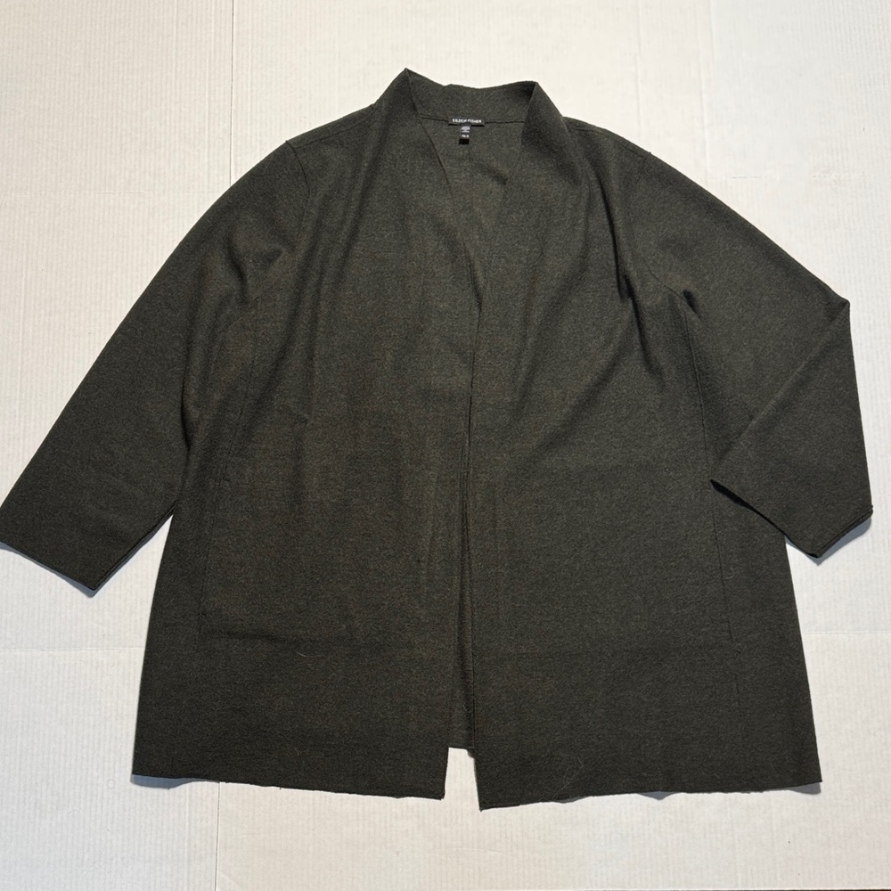 EILEEN FISHER Lightweight Boiled Wool High Collar Open Front Jacket Woodland 3X - Picture 2 of 15
